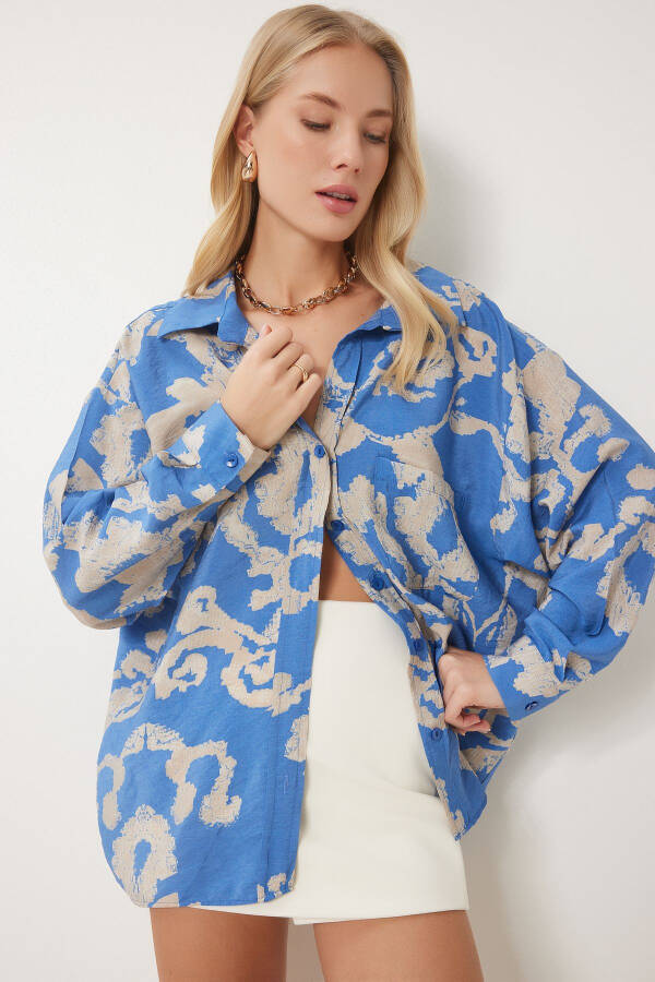Women's Blue Patterned Oversized Cotton Satin Shirt OH00044 - 1