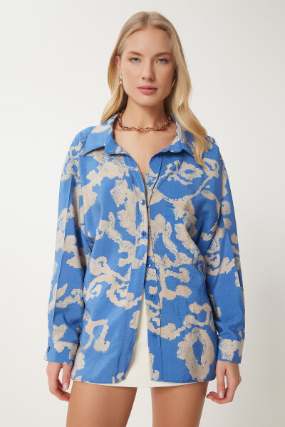 Women's Blue Patterned Oversized Cotton Satin Shirt OH00044 - HAPPINESS İSTANBUL (1)