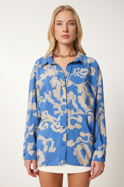 Women's Blue Patterned Oversized Cotton Satin Shirt OH00044 - 3