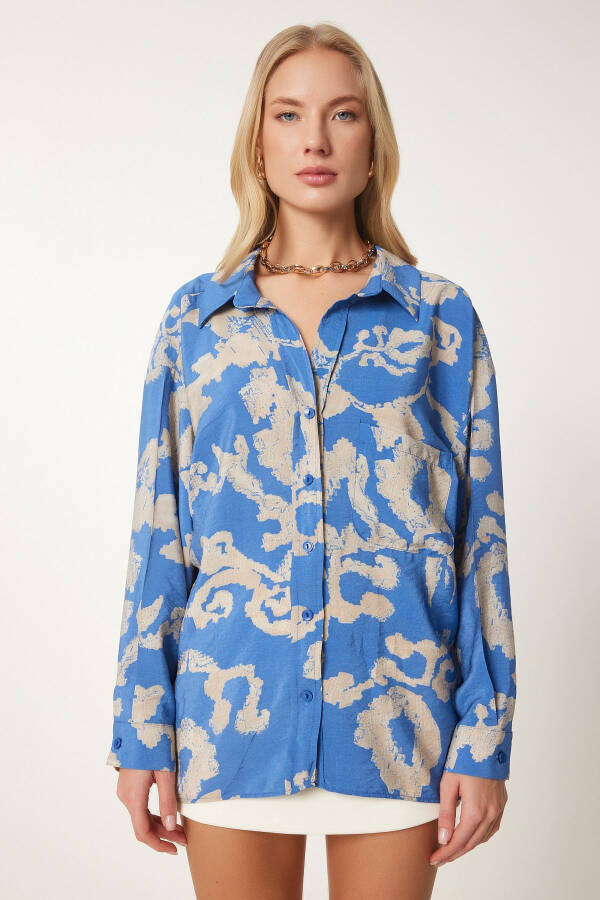 Women's Blue Patterned Oversized Cotton Satin Shirt OH00044 - 3