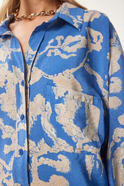 Women's Blue Patterned Oversized Cotton Satin Shirt OH00044 - 4