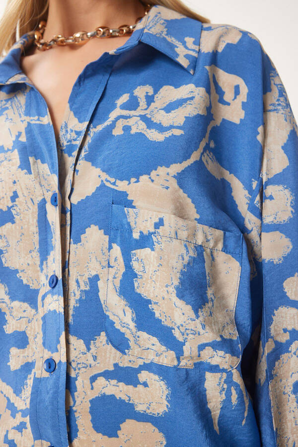 Women's Blue Patterned Oversized Cotton Satin Shirt OH00044 - 4