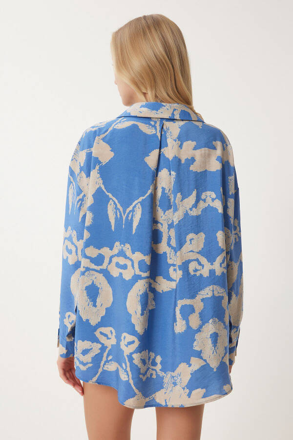 Women's Blue Patterned Oversized Cotton Satin Shirt OH00044 - 5
