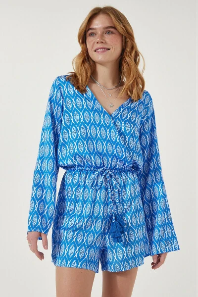 Women's Blue Patterned Satin Surface Chic Jumpsuit RG00004 - HAPPINESS İSTANBUL (1)