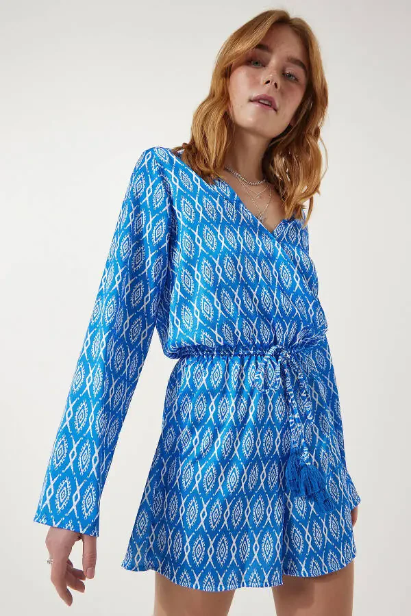 Women's Blue Patterned Satin Surface Chic Jumpsuit RG00004 - 3