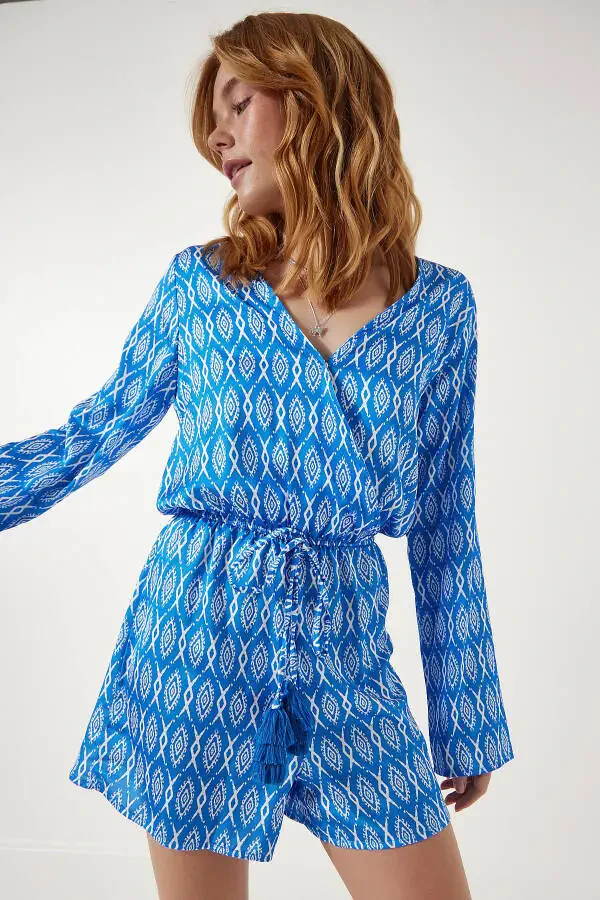 Women's Blue Patterned Satin Surface Chic Jumpsuit RG00004 - 4