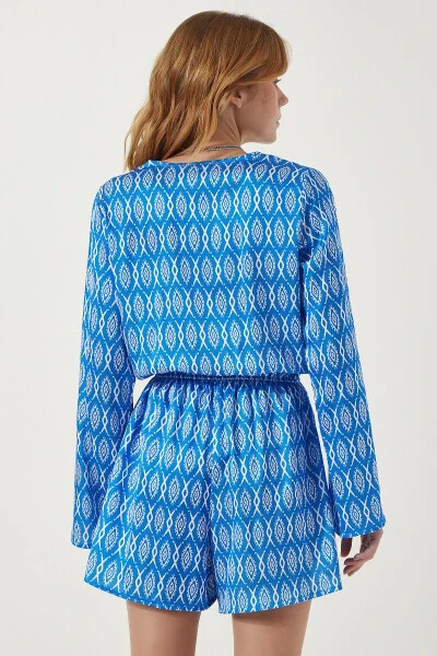 Women's Blue Patterned Satin Surface Chic Jumpsuit RG00004 - 6