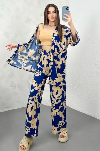 Women's Blue Patterned Wide Leg Palazzo Top and Kimono Set-bluedesignpalazzo - 3