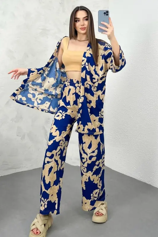 Women's Blue Patterned Wide Leg Palazzo Top and Kimono Set-bluedesignpalazzo - 3