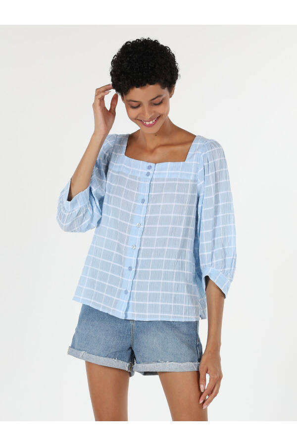 Women's blue plaid, long-sleeved, regular fit shirt (Cl1058736) - 1