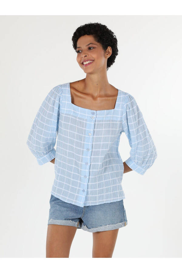 Women's blue plaid, long-sleeved, regular fit shirt (Cl1058736) - 3