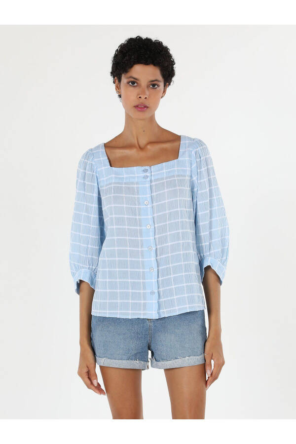 Women's blue plaid, long-sleeved, regular fit shirt (Cl1058736) - 4