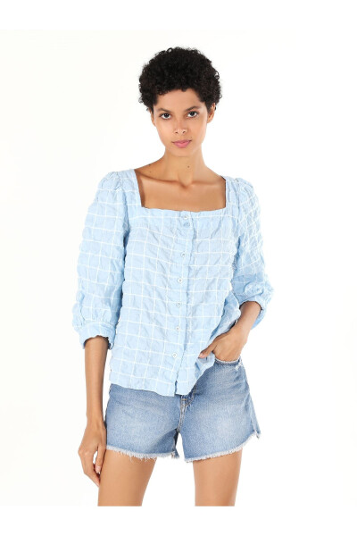 Women's blue plaid, long-sleeved, regular fit shirt (Cl1058736) - 5