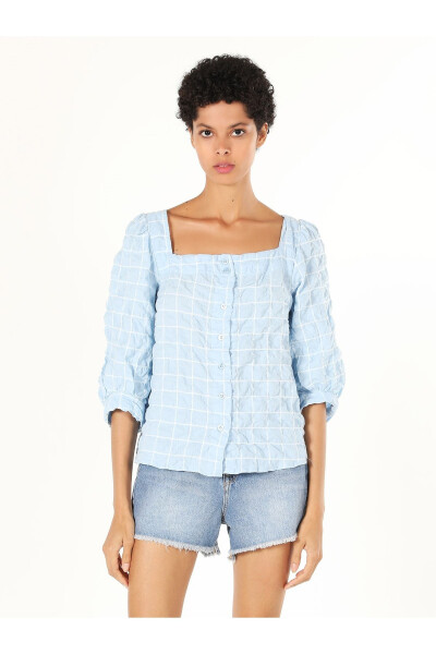 Women's blue plaid, long-sleeved, regular fit shirt (Cl1058736) - 7