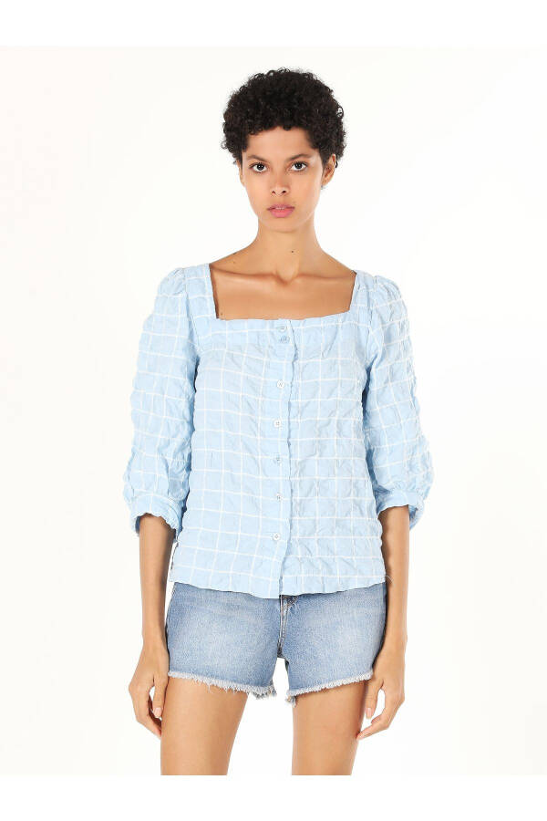 Women's blue plaid, long-sleeved, regular fit shirt (Cl1058736) - 7