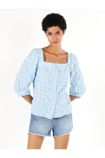 Women's blue plaid, long-sleeved, regular fit shirt (Cl1058736) - 8