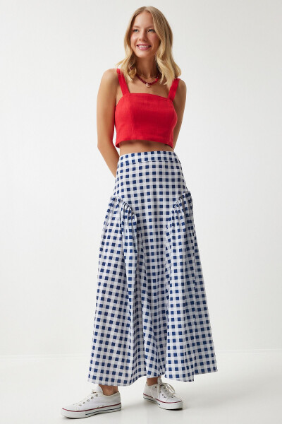 Women's Blue Plaid Ruffle Summer Poplin Skirt UL00024 - HAPPINESS İSTANBUL