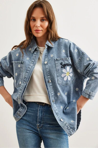 Women's Blue Pocket Daisy Embroidery Oversized Denim Jacket - 1
