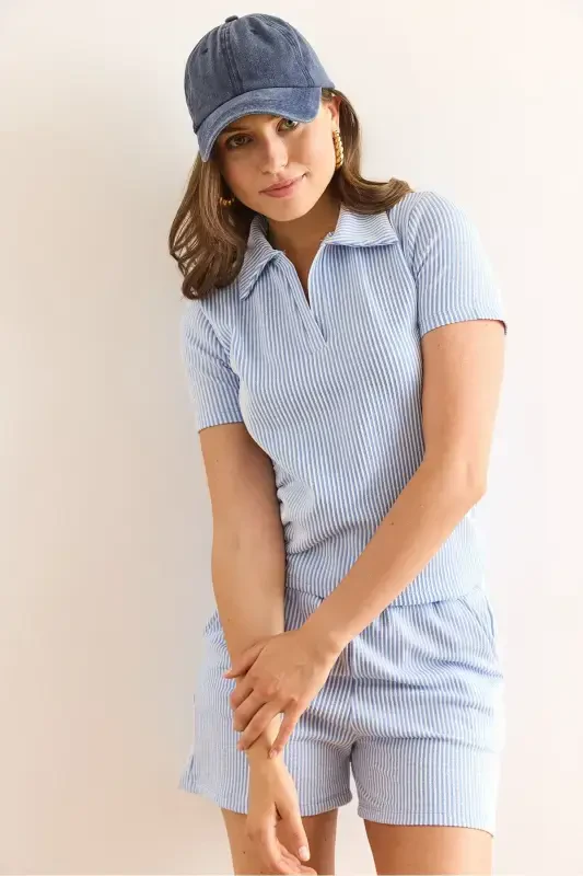 Women's Blue Polo Collar Blouse and Shorts Set TKM-19000 - 3