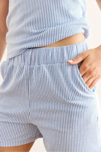 Women's Blue Polo Collar Blouse and Shorts Set TKM-19000 - 6