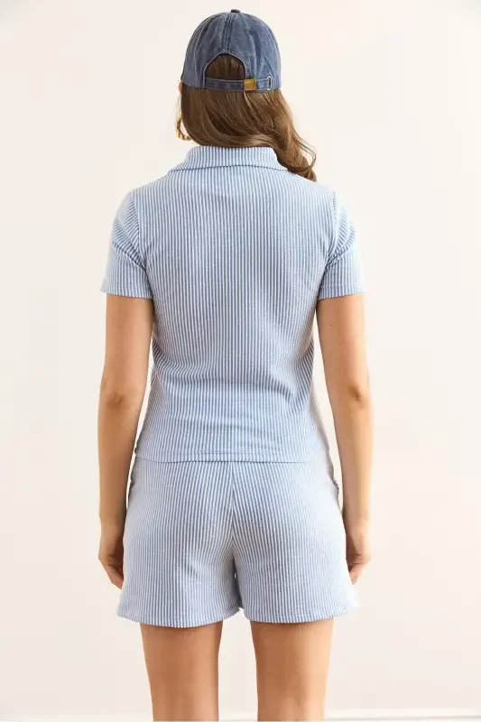 Women's Blue Polo Collar Blouse and Shorts Set TKM-19000 - 7