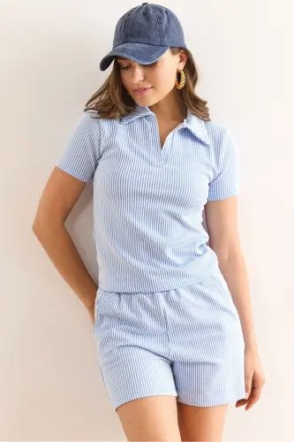 Women's Blue Polo Collar Blouse and Shorts Set TKM-19000 