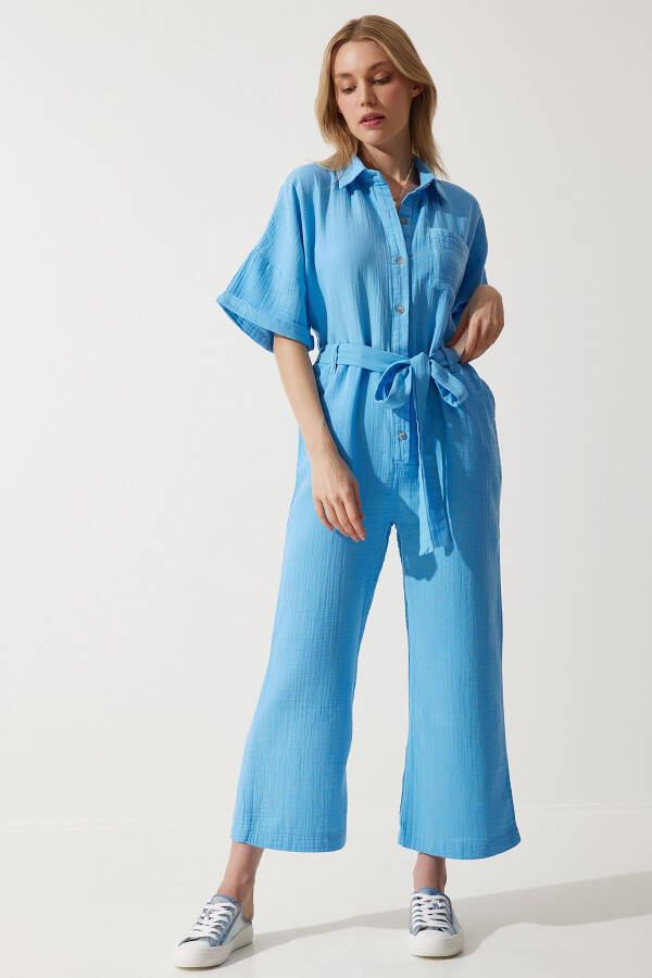 Women's Blue Premium Belted Muslin Jumpsuit RG00029 - 3