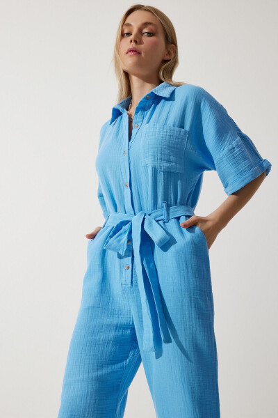 Women's Blue Premium Belted Muslin Jumpsuit RG00029 - 5