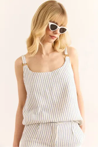 Women Blue Ring Accessory Striped Muslin Bell Blouse - 1