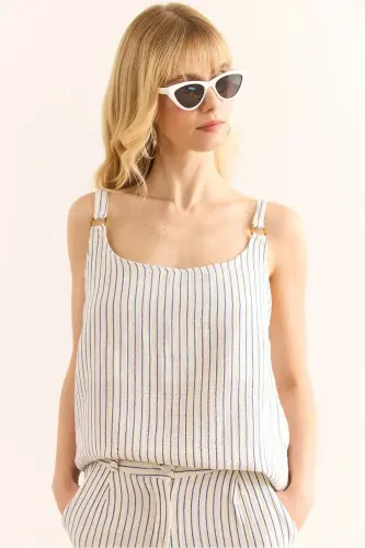 Women Blue Ring Accessory Striped Muslin Bell Blouse - OLALOOK (1)