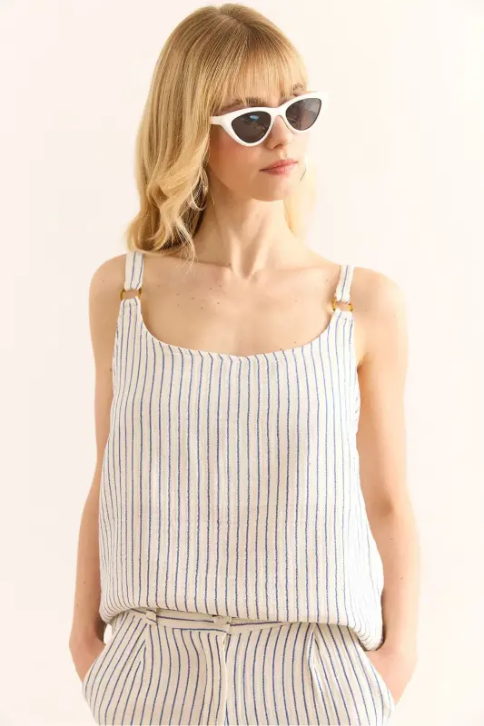 Women Blue Ring Accessory Striped Muslin Bell Blouse - 2