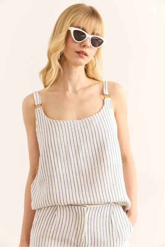 Women Blue Ring Accessory Striped Muslin Bell Blouse - 3