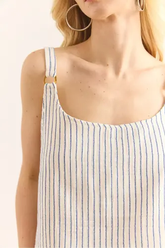 Women Blue Ring Accessory Striped Muslin Bell Blouse - 4