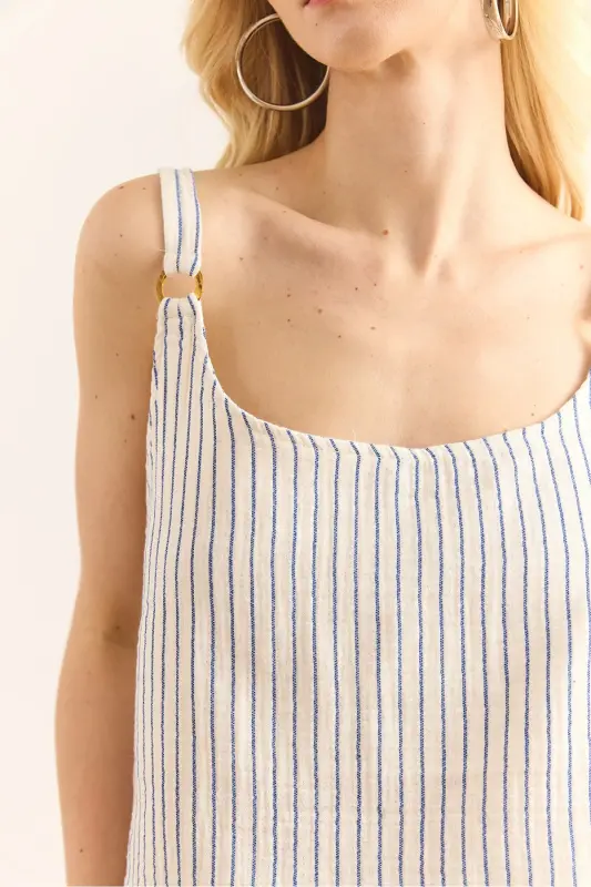 Women Blue Ring Accessory Striped Muslin Bell Blouse - 4