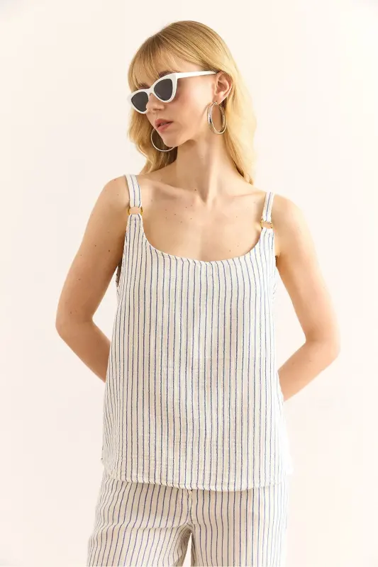 Women Blue Ring Accessory Striped Muslin Bell Blouse - 5