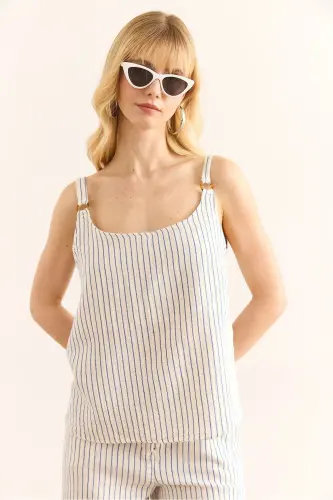 Women Blue Ring Accessory Striped Muslin Bell Blouse - 6