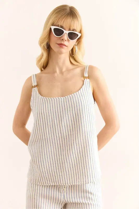 Women Blue Ring Accessory Striped Muslin Bell Blouse - 6