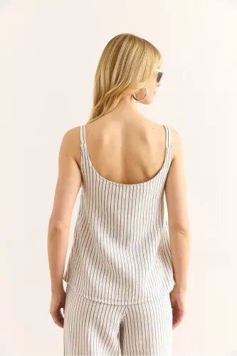 Women Blue Ring Accessory Striped Muslin Bell Blouse - 7