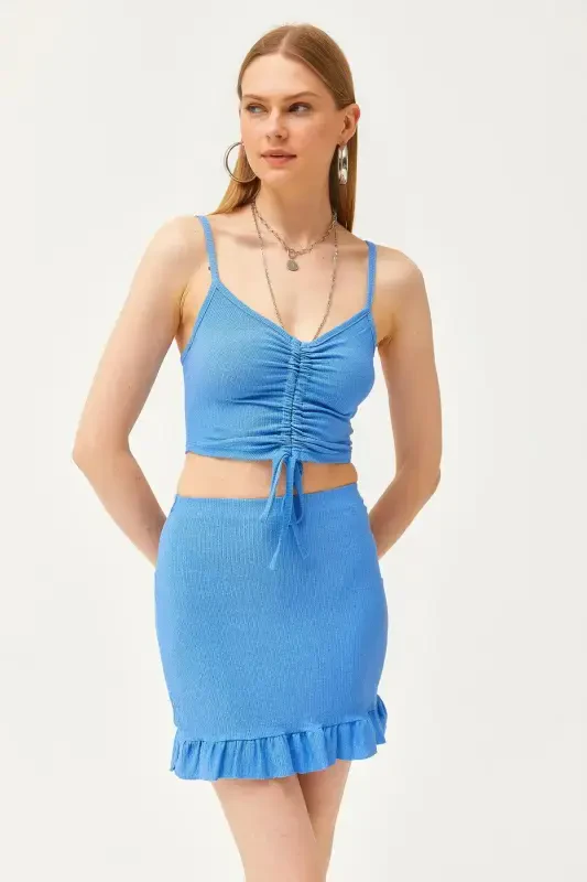 Women's Blue Ruched Top and Mini Skirt Set - 2