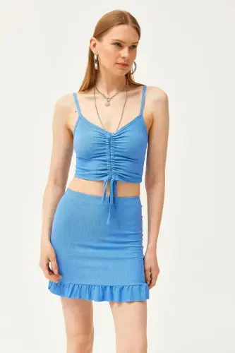 Women's Blue Ruched Top and Mini Skirt Set - 5