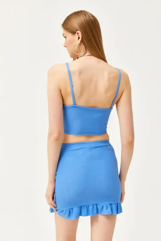 Women's Blue Ruched Top and Mini Skirt Set - 6