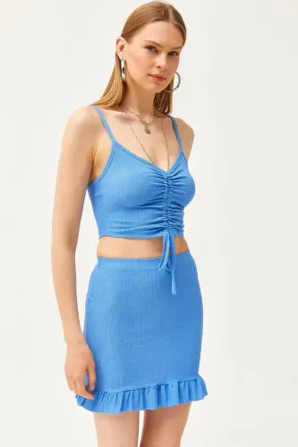 Women's Blue Ruched Top and Mini Skirt Set 