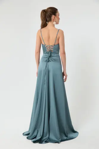 Women's Blue Ruffled Slit Satin Evening & Graduation Dress-Blue - 5