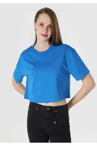 Women's blue, short-sleeved, regular fit t-shirt. - 1