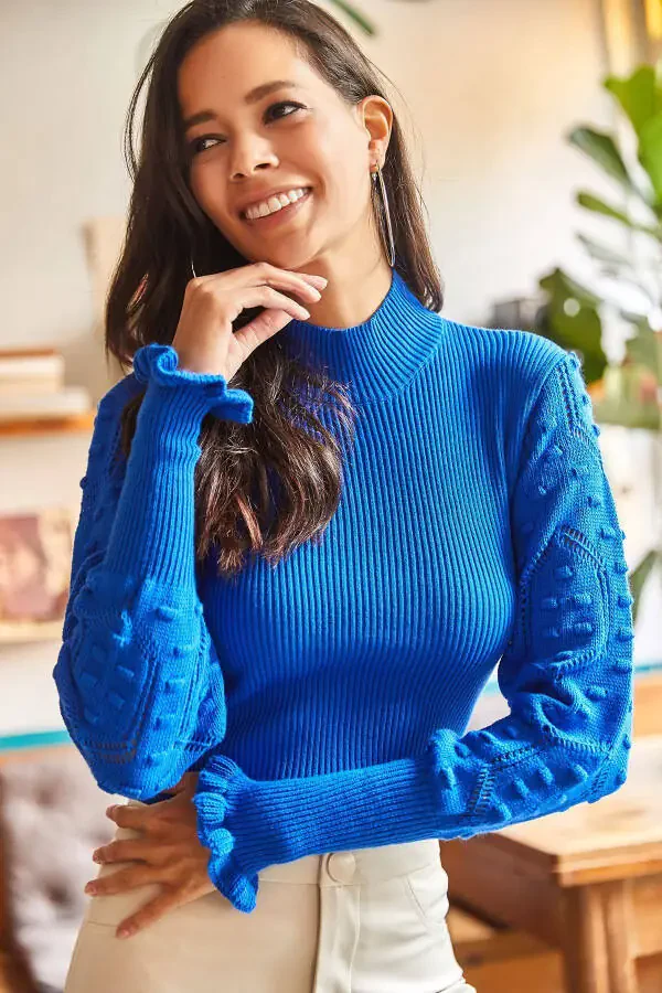 Women's Blue Sleeve Detail Mock Neck Ribbed Knit Sweater - 1