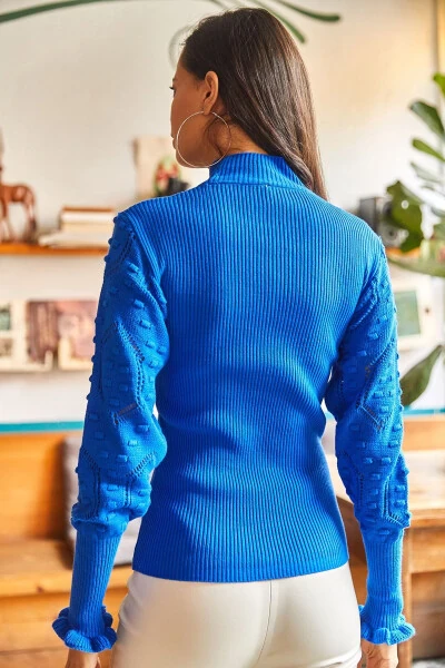 Women's Blue Sleeve Detail Mock Neck Ribbed Knit Sweater - OLALOOK (1)