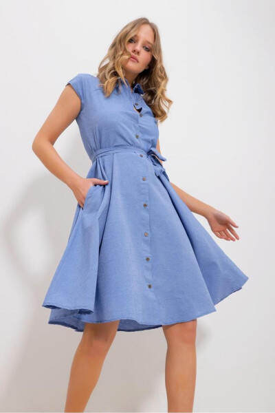 Women's Blue Sleeveless Linen Dress - TREND ALAÇATI STILI