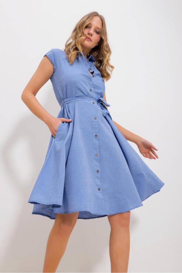 Women's Blue Sleeveless Linen Dress - 1