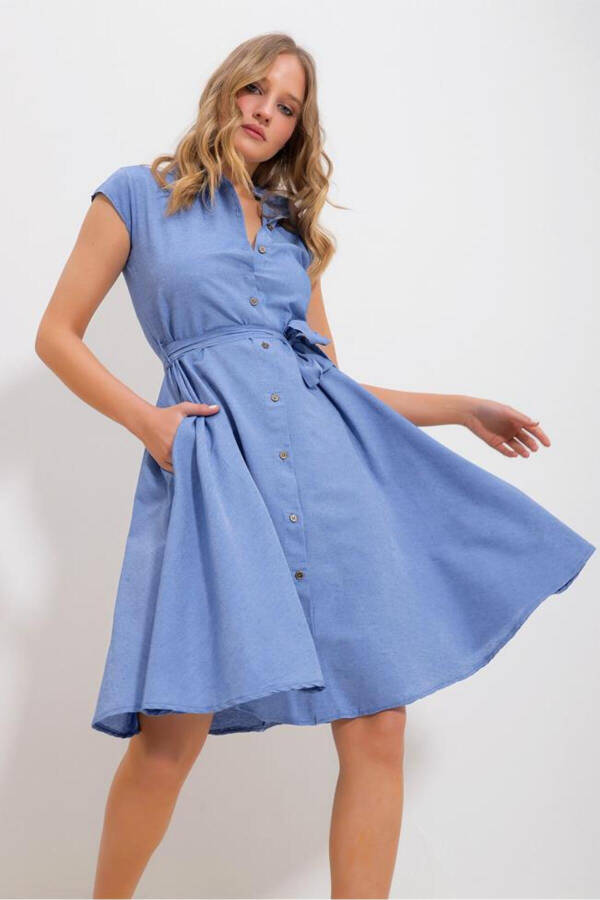 Women's Blue Sleeveless Linen Dress - 3