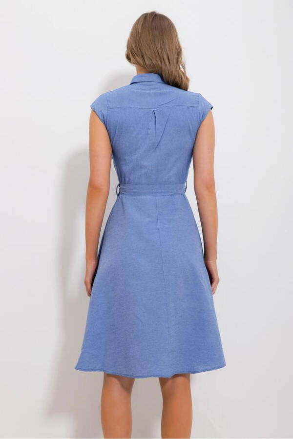 Women's Blue Sleeveless Linen Dress - 4